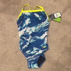 Speedo Girls' Blue Aqua Wave One-Piece Swimsuit with Neon Yellow Trim